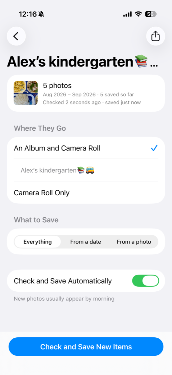 An album in Save to Photos: 5 photos, the date range, where they are saved to, what to save, and the Check and Save Automatically switch